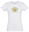 T-Shirt weiß mit Logo in gold (Schnitt: Girlie)
