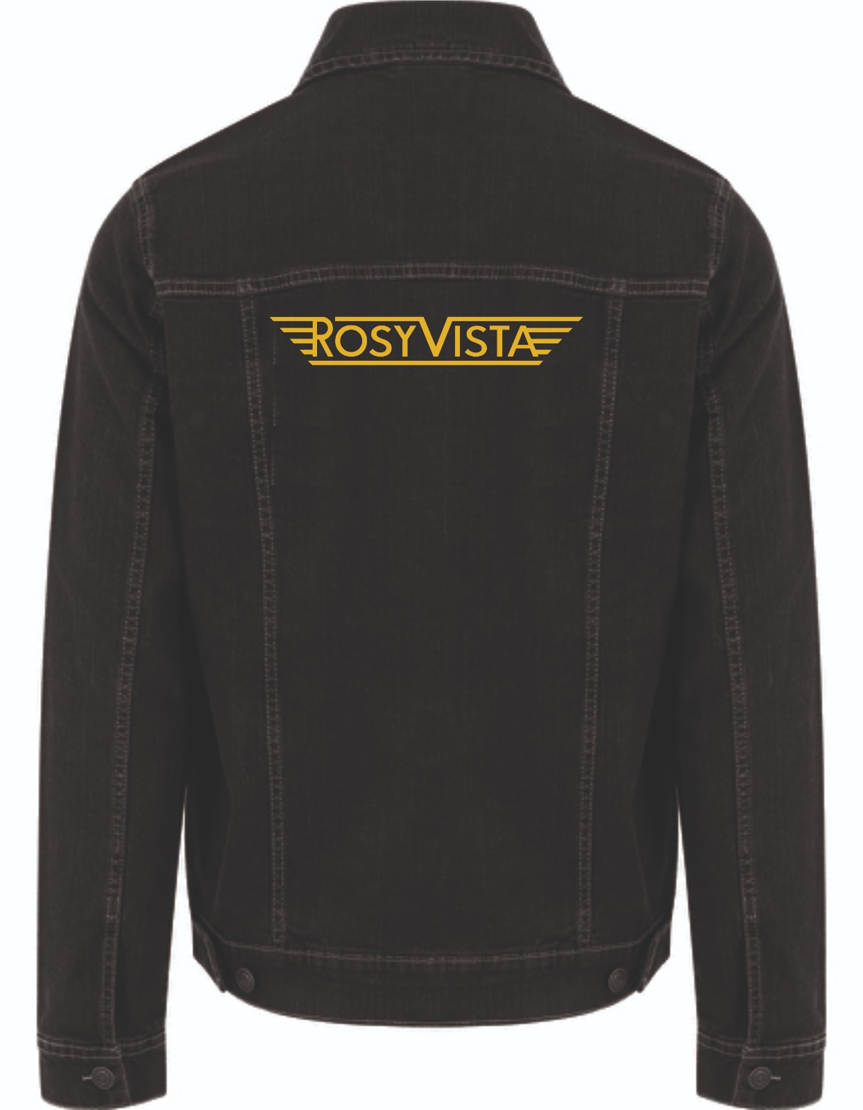 Jeansjacke mit Rückenaufdruck ("Rosy Vista"  in Gold)
